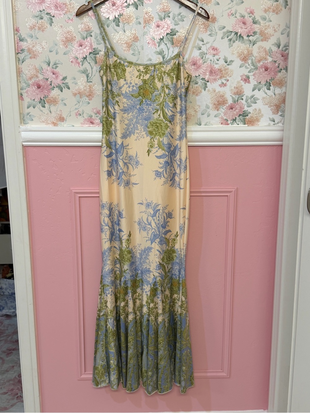 Cream Maxi Slip Dress with Blue & Green Floral Print